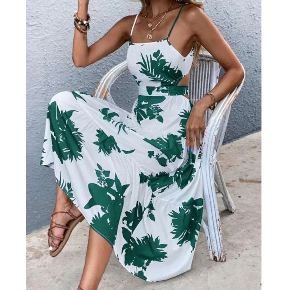 Boho pink white floral tropical print tie back maxi dress